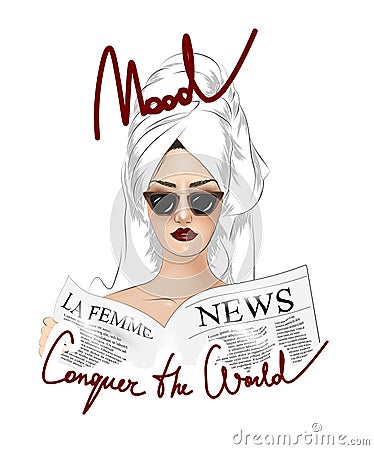 Conquer the world slogan with girl in sunglasses illustration. Vector Illustration